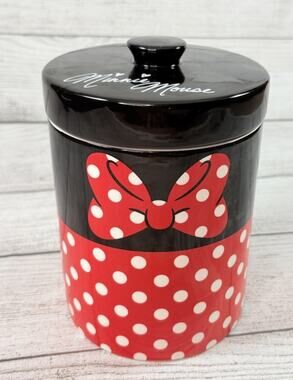 Disney Minnie Mouse Ceramic Cookie Jar Canister Red White Polka Dots Black 7”